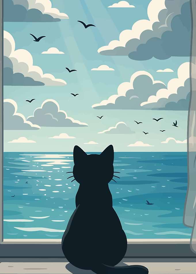 Black Cat Watching the Ocean