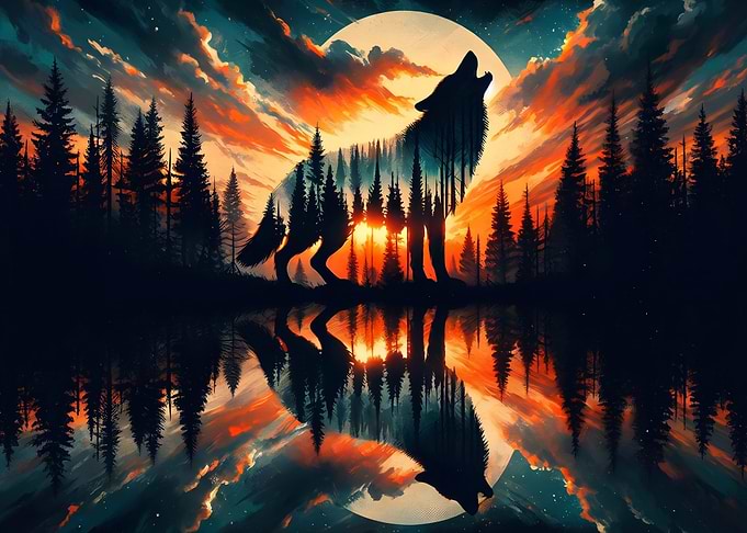 Double Exposure Wolf Howling at Moon