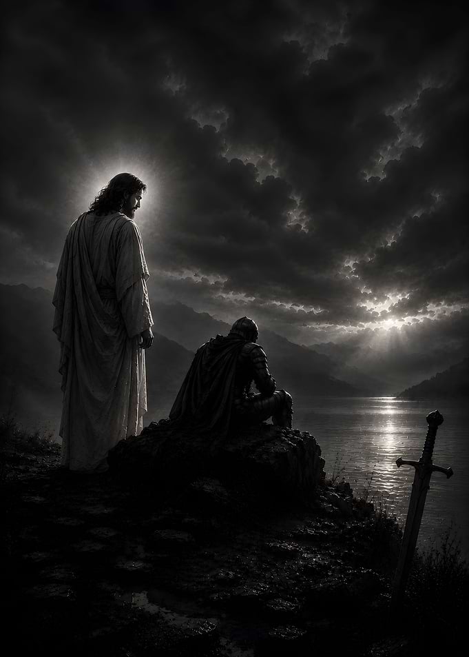Jesus Standing Beside a Kneeling Knight