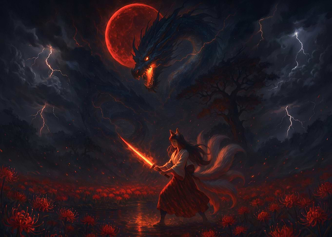 Kitsune Warrior Facing Dark Dragon