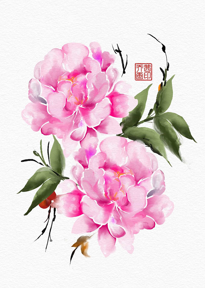 Chinese Watercolor Pink Peony Floral Art
