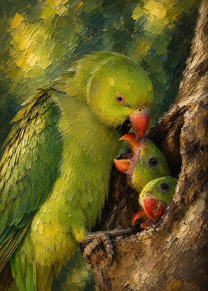 Oil Painting of Parrots Feeding Chicks