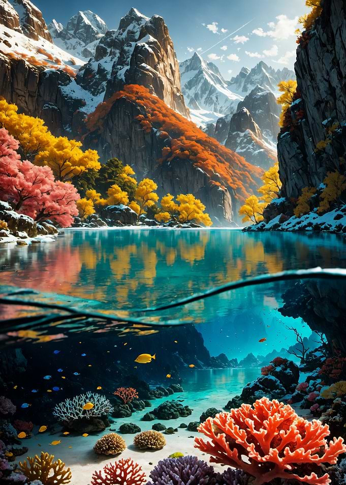 Split View Mountain Lake and Reef Underwater