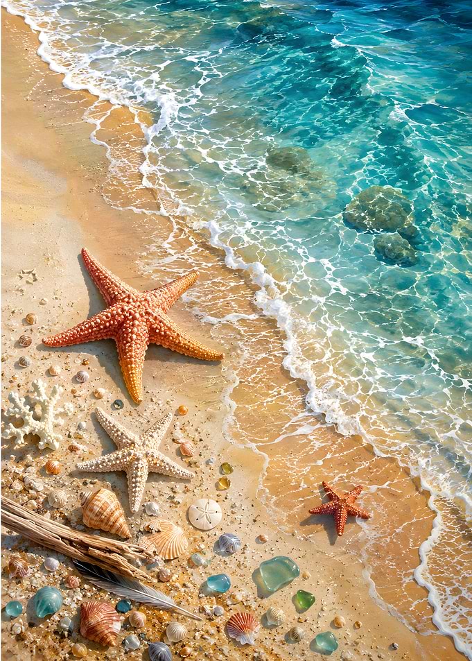 Starfish and Seashells on Sandy Beach