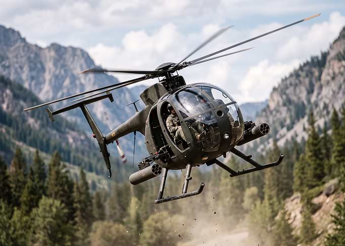 Military Helicopter Flying Over Mountains