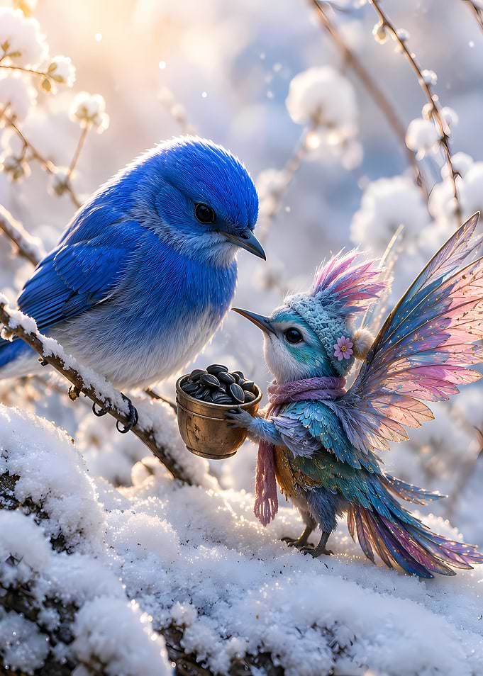 Blue Bird and Fairy Bird in Winter