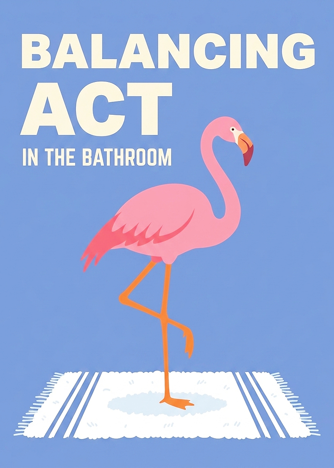 Balancing Act Flamingo Bathroom Poster
