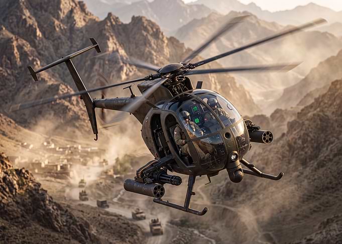 Military Helicopter Flying Over Mountain Pass