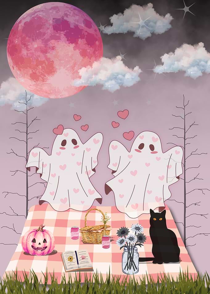 Cute Ghost Picnic Under Pink Moon