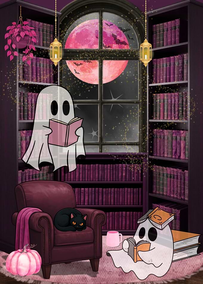 Cozy Library Ghosts Reading Scene