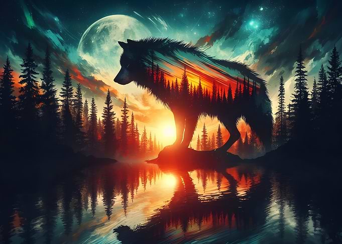 Double Exposure Wolf Forest Sunset