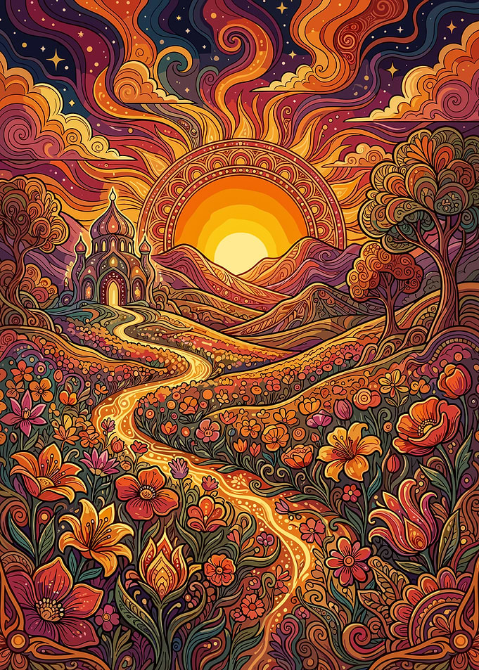 Whimsical Fantasy Landscape with Golden Sunset