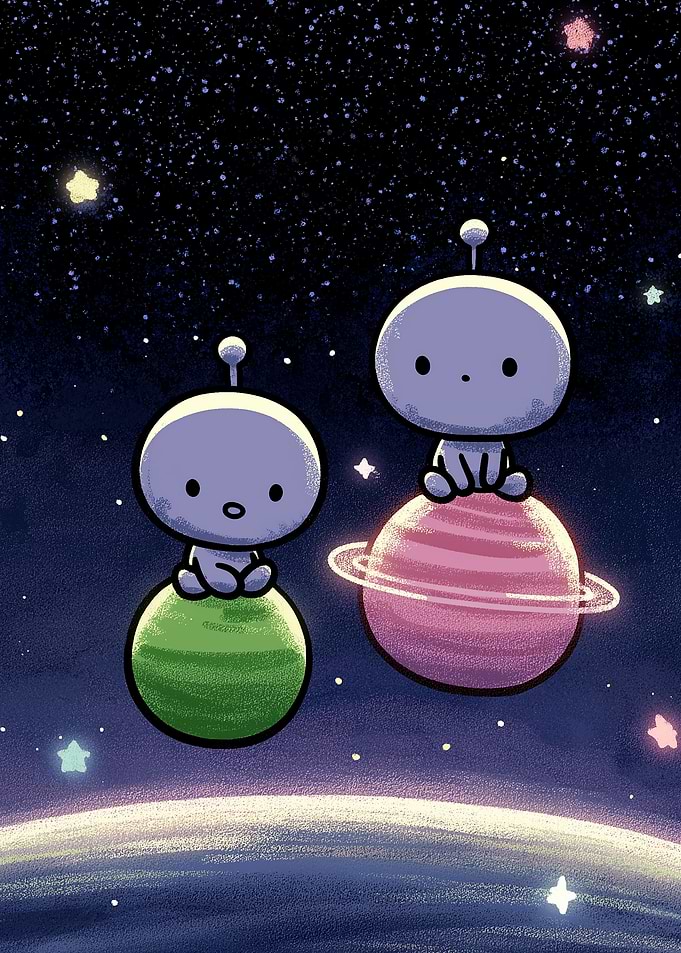 Two Cute Aliens Sitting on Planets