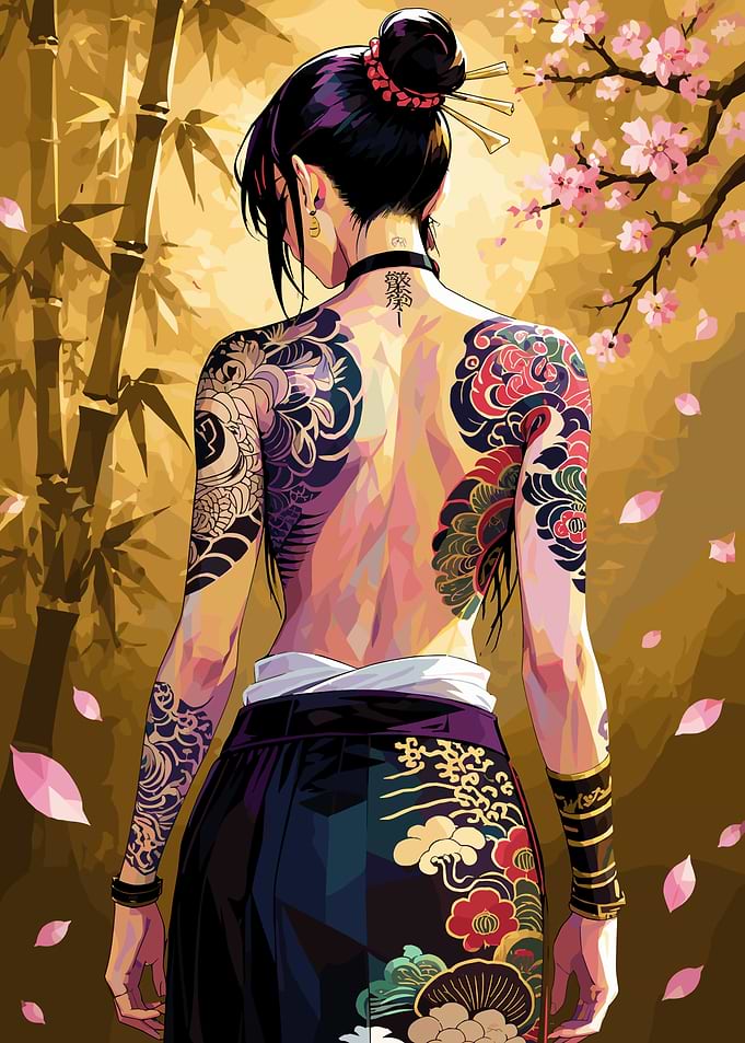 Tattooed Woman in Traditional Japanese Setting
