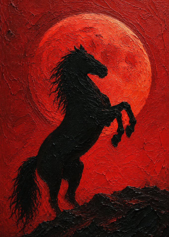 Black Horse Rearing Against Red Moon