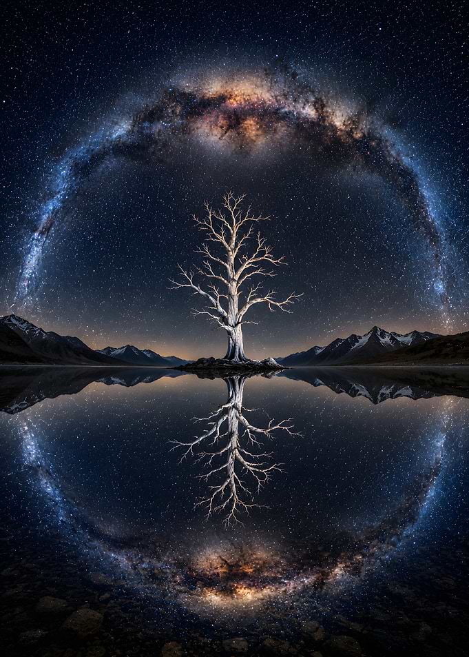 Milky Way Reflection Over Lone Tree