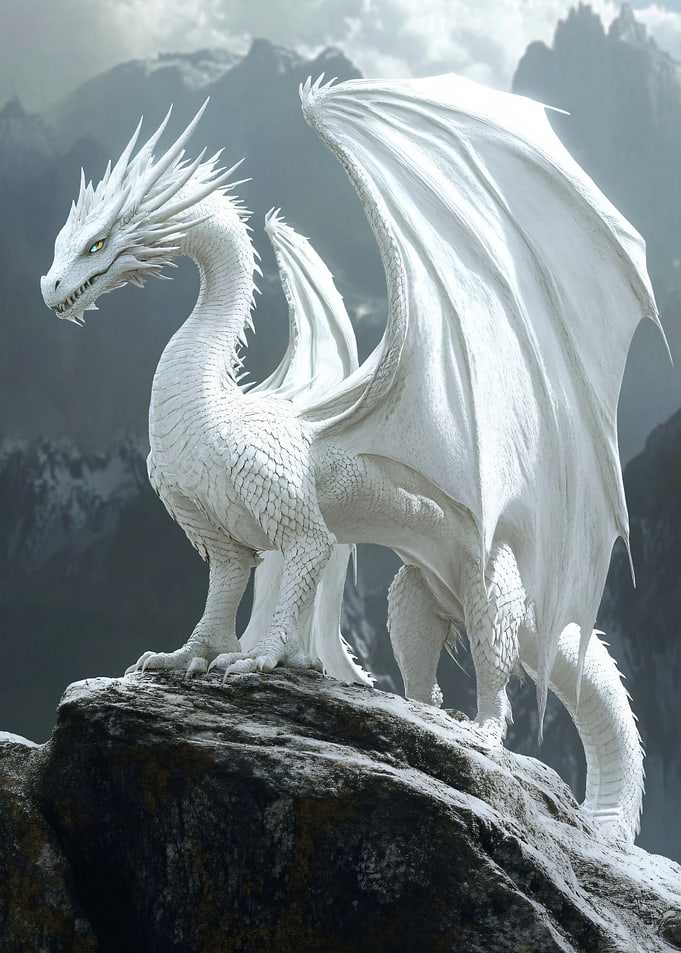 Majestic White Dragon on Mountain Peak