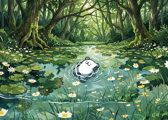 Cute Bear Floating in Forest Pond