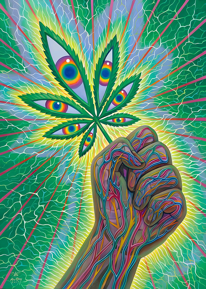 Psychedelic Cannabis Leaf and Veined Fist