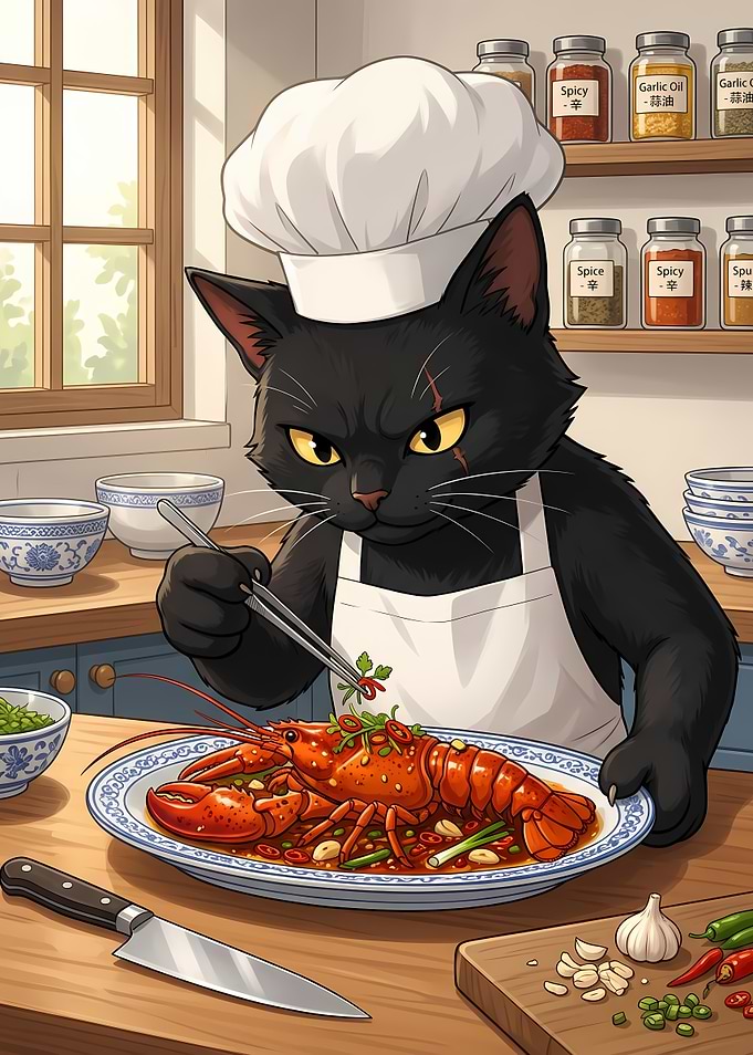 Black Cat Chef Preparing Lobster
