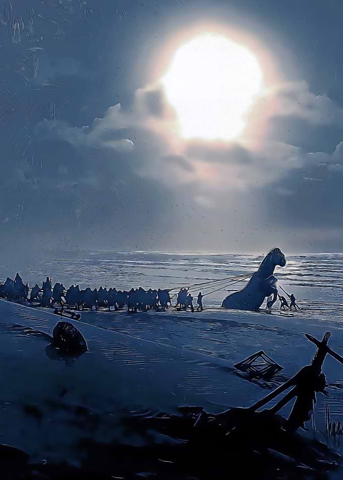 Trojan Horse pulled across snowy landscape