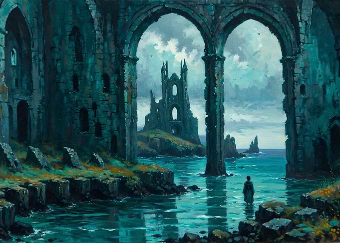 Lone Figure in Ancient Coastal Ruins