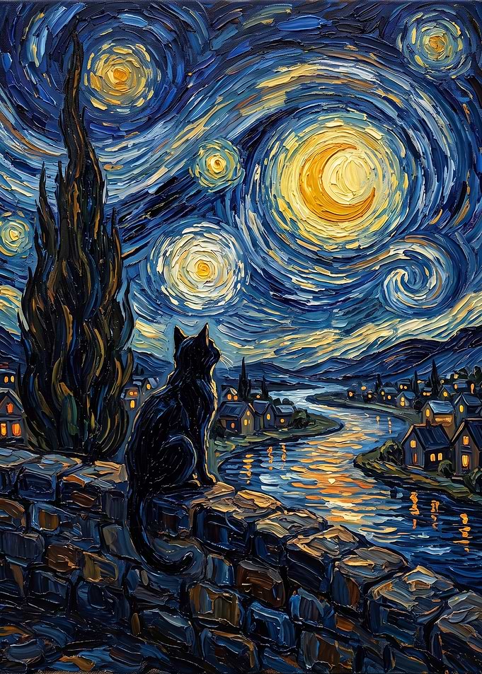 Black Cat Watching Starry Night