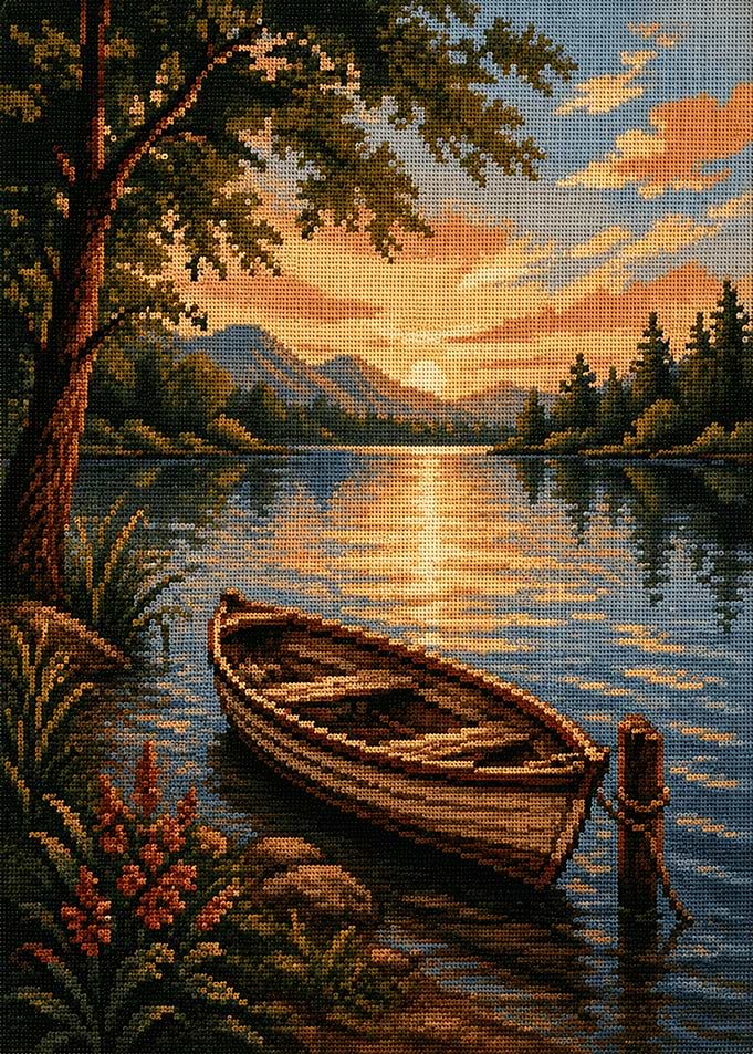 Cross-Stitch Sunset Lake Landscape