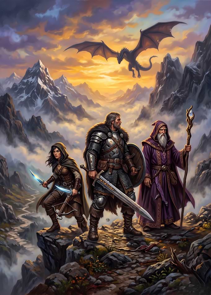 Fantasy Adventurers Facing a Dragon
