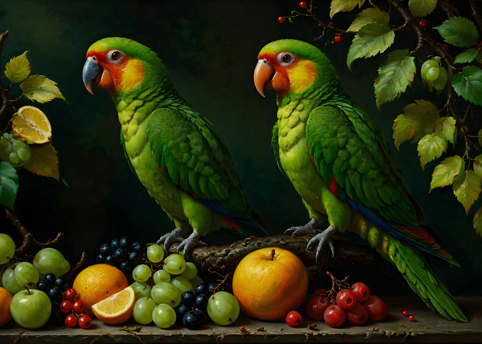 Two Parrots with Still Life Fruit