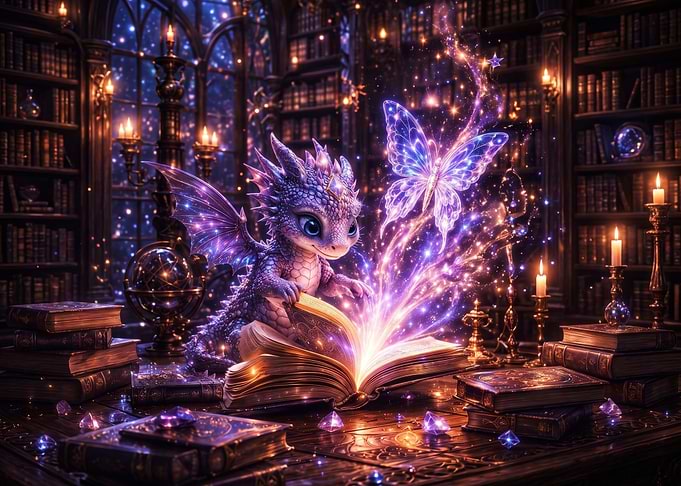 Baby Dragon Reading Magical Book