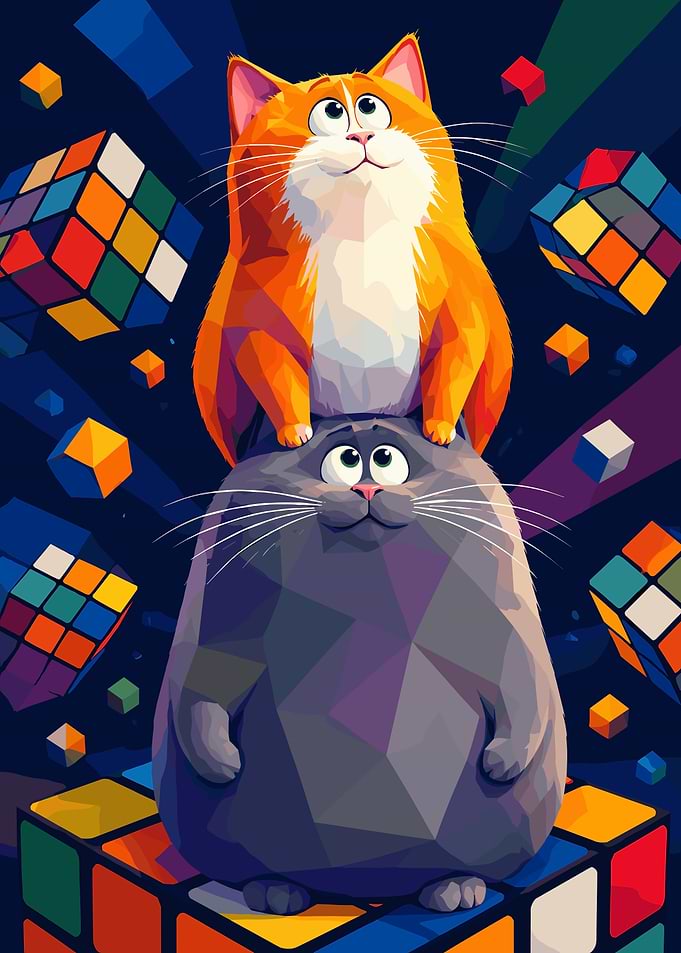 Two Cats Stacked on Rubik's Cubes