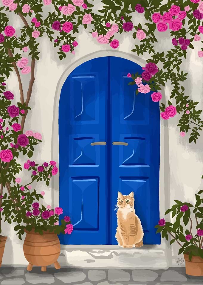 Ginger Cat by Blue Door