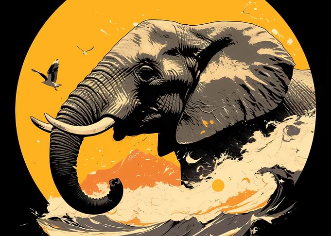 Elephant in Golden Sunset Waves
