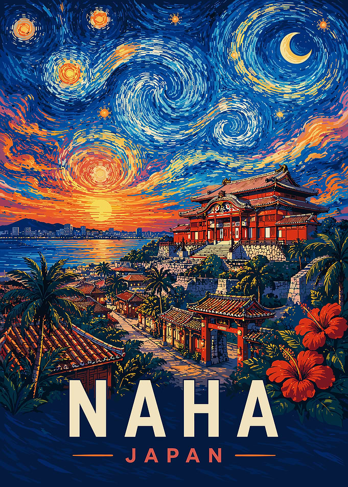 Naha Japan Starry Night Travel Poster