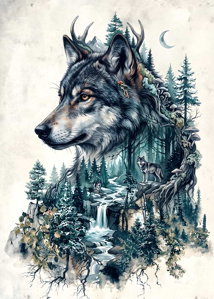 Double Exposure Wolf Forest Art