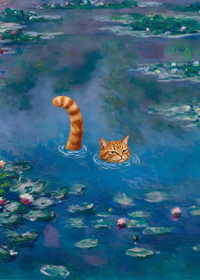 Ginger Cat Swimming in Water Lilies