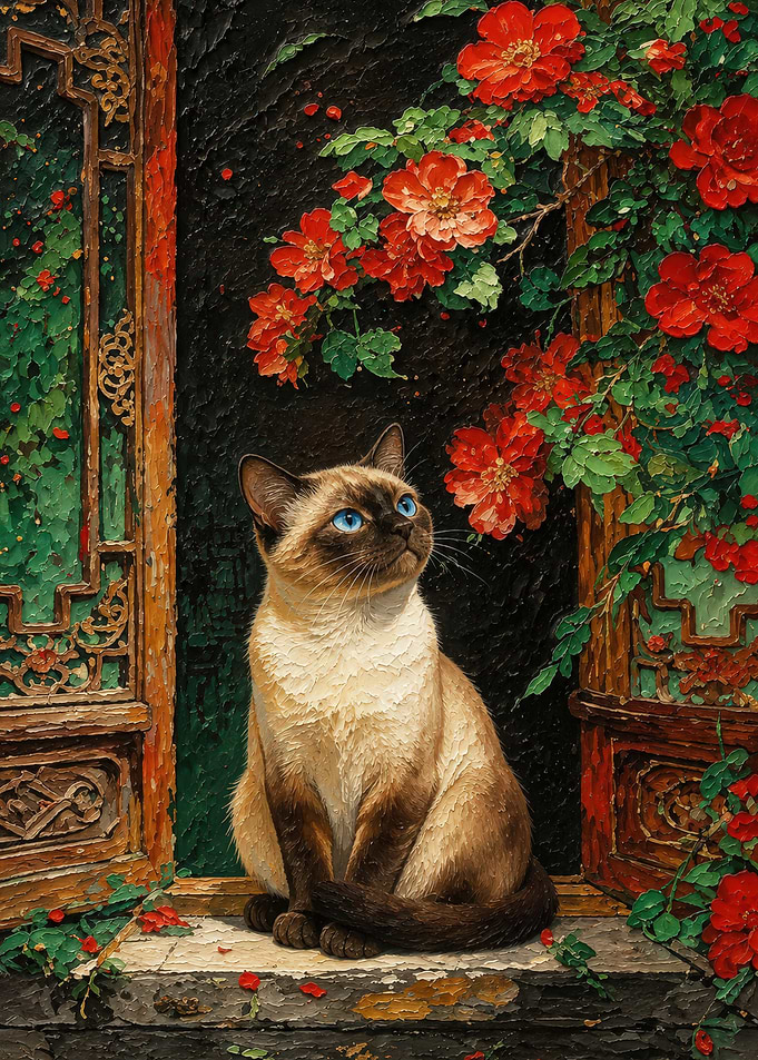 Siamese Cat by Red Flowers