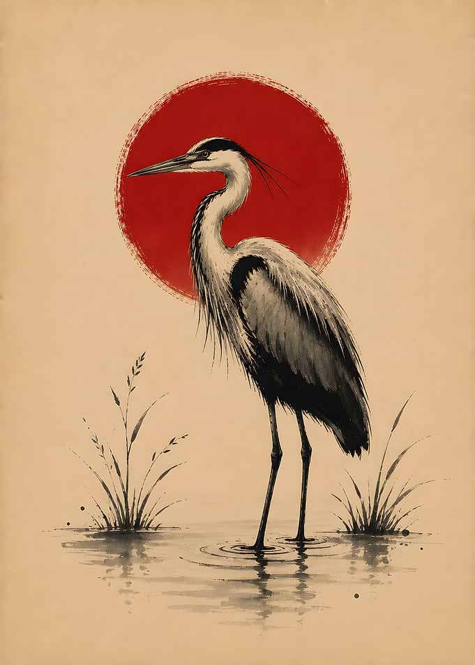 The Serene Heron Wetland Red Sun Poster