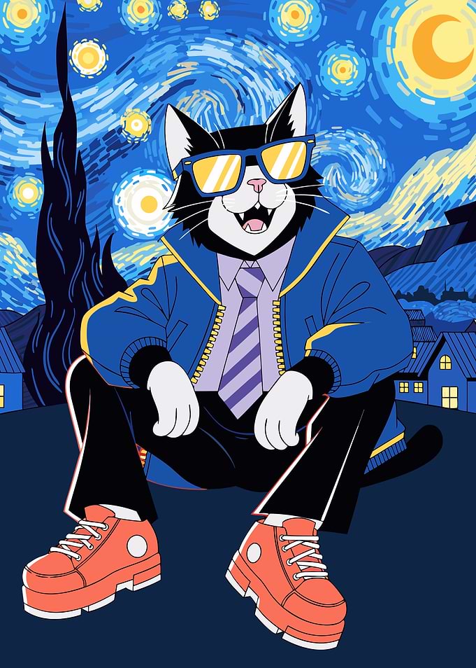 Cool Cat in Starry Night Style