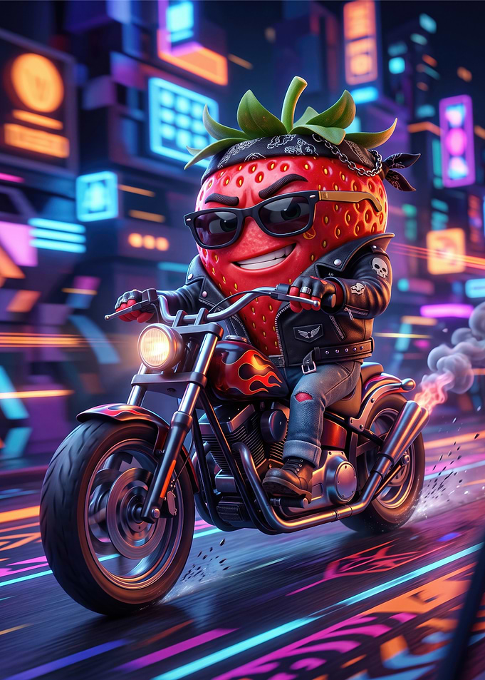 Biker Strawberry in Neon City