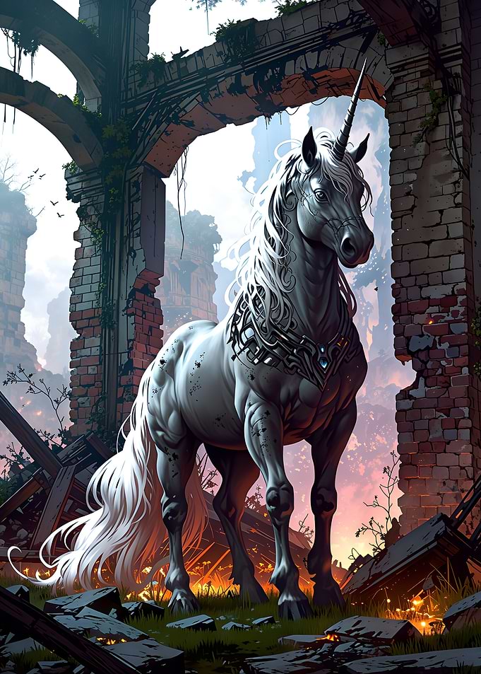 Majestic Unicorn in Ancient Ruins