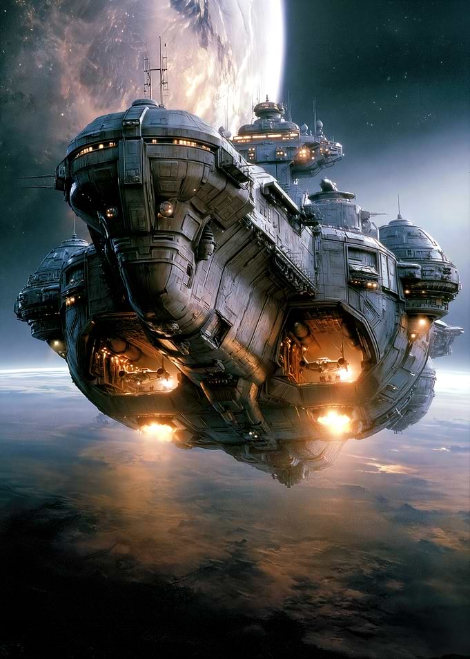 Massive Sci-Fi Spaceship Orbiting Planet