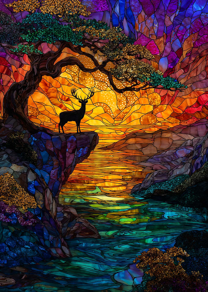 Stained glass deer silhouette on cliff landscape