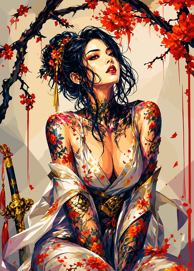 Tattooed Samurai Woman with Cherry Blossoms