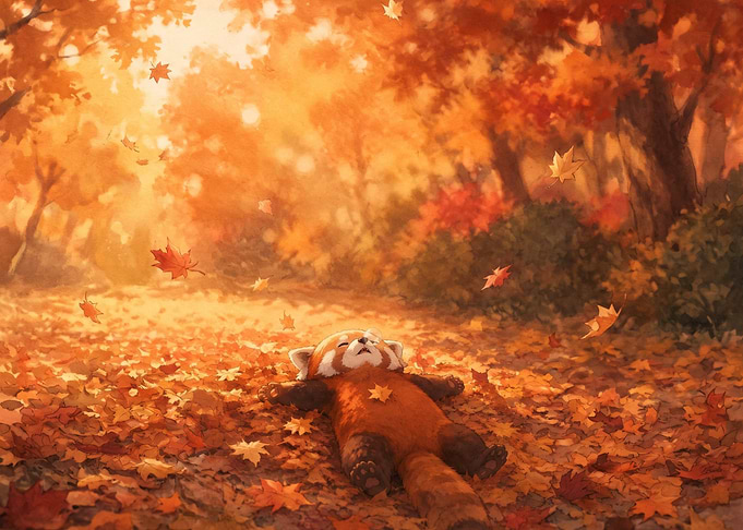 Red Panda Relaxing in Autumn Leaves
