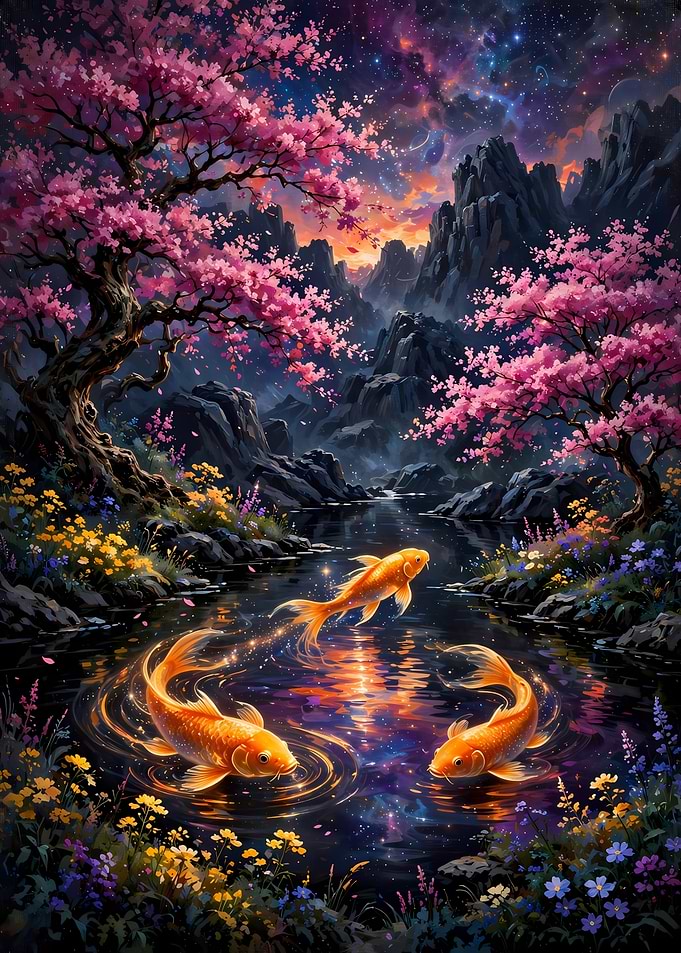 Magical Koi Pond Under Starry Sky