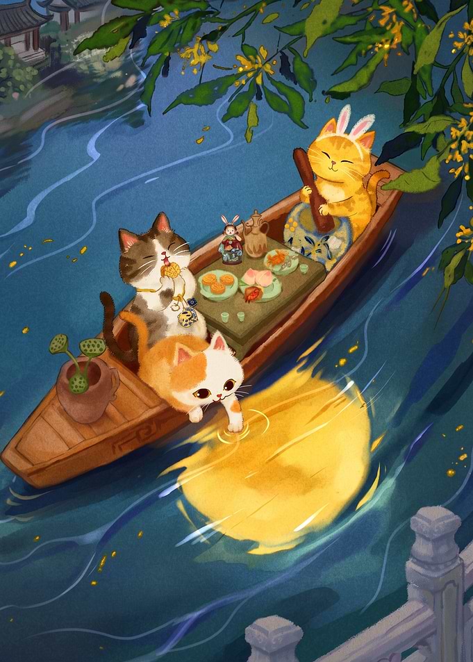 Cats Celebrating Mid-Autumn Festival on Boat