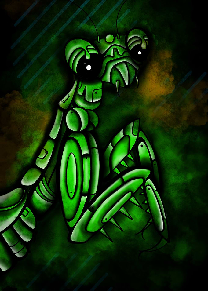 Stylized Mechanical Praying Mantis Illustration