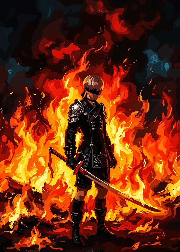 9S Standing Amidst Intense Flames